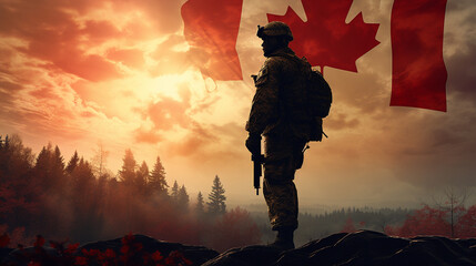 Wall Mural - The flag of Canada and the silhouette of a soldier aiming their weapon Generative AI