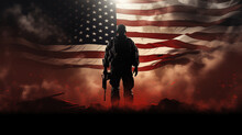 Photo Of Soldier Holding The USA Flag In Background. Special Force United States Soldier Or Military Contractors Holding Rifle. Image On Background. Soldier, Army, War, Generative AI