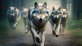 pack of wolves running in forest, created with Generative AI
