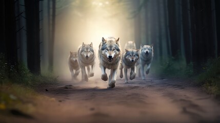 Naklejka na meble pack of wolves running in forest, created with Generative AI