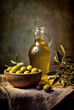 Bottle of olive oil and olives on light rustic and stone background. Olive oil for cooking. Generative AI 