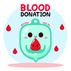 Wall Mural - Kawaii Empty Bag wants cute red blood for help. blood donation day for poster, banner, and background. Vector illustrator flat cartoon design concept.