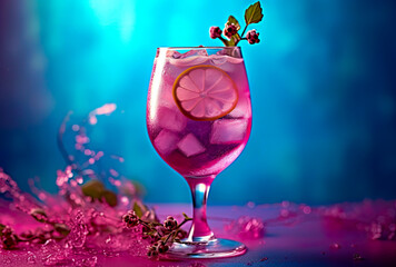 cocktail with and thyme, light magenta, red gin tonic, close up, berries