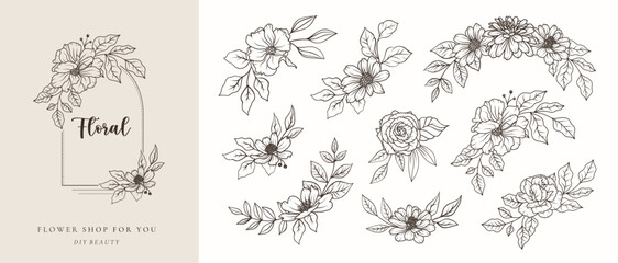 Set of floral botanical black line art bouquets. Flowers and leaves line art hand drawn arrangements frame, wreath. Vector illustration for wedding invitation save the date card, flower shop