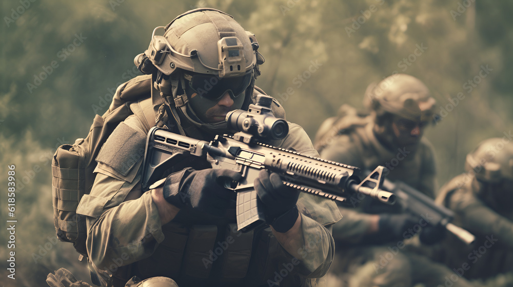 Special Forces Recruit In Recon Mission With Rifle And Uniform In Dense