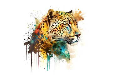 Poster - leopard is drawn with multi-colored watercolors isolated on a white background. Generated by AI