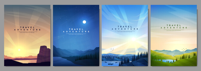 Vector illustration. A set of flat landscapes. Geometric minimalist style. Evening sunset by water, night scene with moonlight, day scene, green meadow with lake. Design for cover, brochure, layout