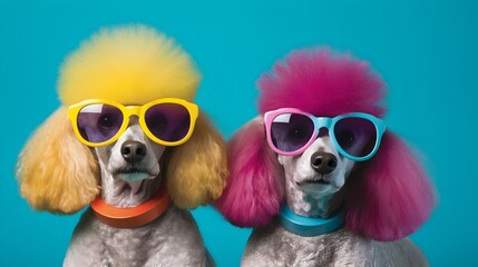 two lovely poodles wearing sunglasses with vibrant colored frames and colorful hair, adorned with vi