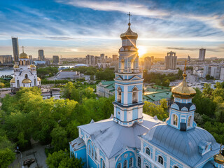 Summer Yekaterinburg, Temple of the Ascension and Temple on Blood in beautiful clear sunset.