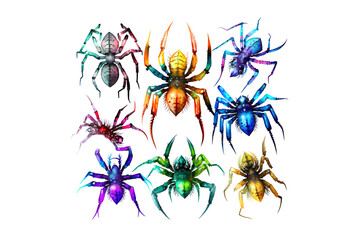 Canvas Print - spiders are drawn with multi-colored watercolors isolated on a white background. Generated by AI