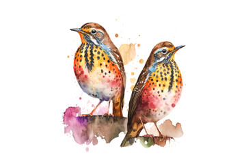 Poster - birds drawn with colored watercolors isolated on a white background. Generated by AI.
