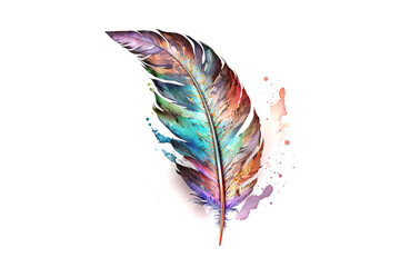 Fototapete - bird feather drawn with multicolored watercolors isolated on white background. Generated by AI