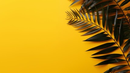 Inviting Summer Aura, Aesthetic Tropical Palm Leaves Composing a Minimalist Backdrop on Yellow, Copy Space Available, generative ai.