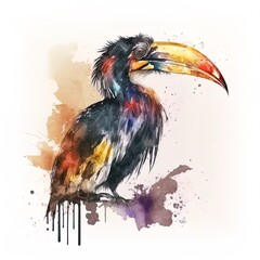 Poster - Hornbill painted with watercolors isolated on a white background. Generated by AI.