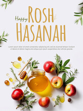 Jewish New Year Or  Rosh Hashanah With Honey And Apples. AI Generative Image