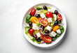 Greek salad in a plate or bowl on light background. Salad with feta cheese and olives. Generative AI
