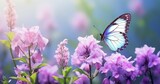 Fototapeta Kwiaty - Butterflies flutter among purple and blue flowers suspended in the sky, creating a whimsical spectacle. Made with generative AI technology