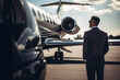 Leinwandbild Motiv Confident businessman in suit stands next to luxury private jet. Concept of wealth and success. Created with Generative AI