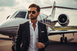 Confident businessman in suit stands next to luxury private jet. Concept of wealth and success. Created with Generative AI