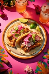 Wall Mural - spicy grilled chicken mexican tacos shot from top down view on colorful purple tabletop, created with Generative AI