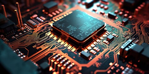 AI Generated. AI Generative. PC computer micro chip processor motherboard background. Digital data future background science vibe. Graphic Art