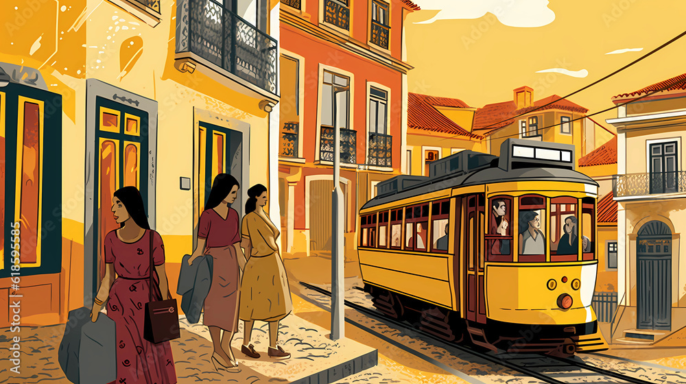 Illustration of a portuguese city with a tram, Portugal