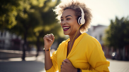 Y2k healthy women. .Africa healthy woman. she's running outside on sunny day. generativeai bokeh style. She's 55 years old, healthy and smile in yellow Sportwear, smartwatch and y2k headphones