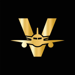 Wall Mural - Letter V Travel Logo Concept With Flying Air Plane Symbol