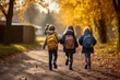 © sderbane - Back to school. Kids with backpack going to school together in vintage color tone. Created using AI tool