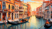 Illustration Of The Beautiful City Of Venice. City Of Gondoliers, Bridges, Carnivals And Love. Italy