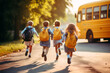 Group of children classmates running to the school bus.  Created using AI tool