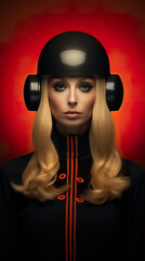 Poster - A woman wearing a helmet and headphones. Generative AI.