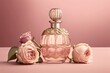 Bottle of perfume and flower arrangement of rosebuds on pink generated by AI