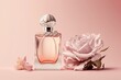Bottle of perfume and flower arrangement of rosebuds on pink generated by AI