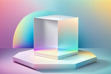 Empty geometric podium for product display on holographic grad generated by AI