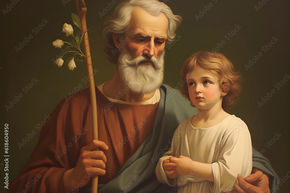 Saint Joseph St. Joseph with Jesus Christ, the Patron Saint of the Catholic Church. San Jose. Generative ai. Patron Saint of Fathers, Workers