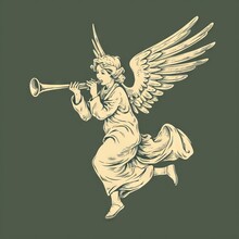 Christmas Angel Flying And Trumpet On Pipe. Religious Holiday. Hand Drawn Vector Illustration In Vintage  "ai Genarated "