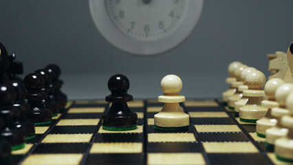 Poster - Decision time. Chess pawn makes it's first step. Photo of chess