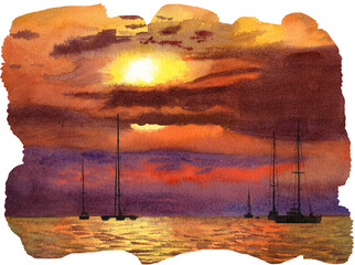 Sunset on the ocean, the sea with yachts. Watercolor illustration, hand-drawn. Landscape in orange, yellow, red, brown and purple tones