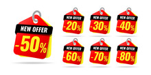 New Offer Label Pop-up Banner Yellow Stickers With Different Sale Percentage. 20, 30, 40, 50, 60, 70, 80 Percent Off Price Reduction Badge Promotion Design Emblem Set Vector Illustration.