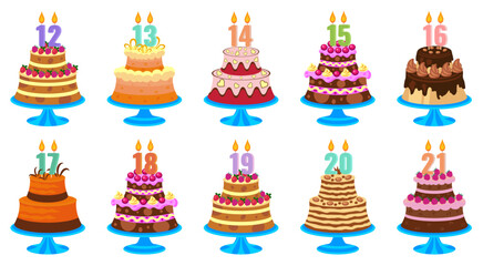 Wall Mural - Birthday cakes in cartoon style with candles numbers