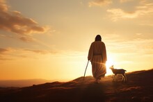 Jesus Christ Walking With Lamb At Sunset, The Gospel Of John, I Am The Good Shepherd
