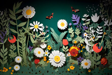 Playful paper cut scene of a garden buzzing with pollinators and blooming flowers, promoting the significance of supporting local ecosystems. Generative AI