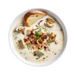 Seafood, clam chowder topped with small pieces of vegetables There is bread in a white bowl on a transparent background.