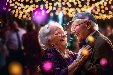 happy old couple is dancing together on evening party