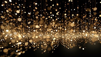 Golden falling glitter on the black background. Festive vector background. Generative AI. Illustration for banner, poster, cover, brochure or presentation.