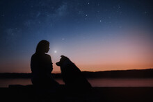 Black Silhouettes Of A Girl And Border Collie Dog On The Star Night Background