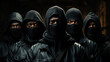Group of black mafia people gang members wearing balaclava and looking at camera. Generative AI.