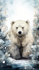 Wall Mural - A painting of a polar bear in the snow. Generative AI. Winter greeting card design, wintertime background with copy space, place for text.