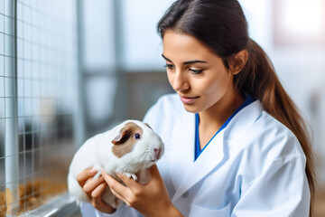 Veterinarian, Latino animal doctor checking a guinea pig at a vet clinic, AI generative image.